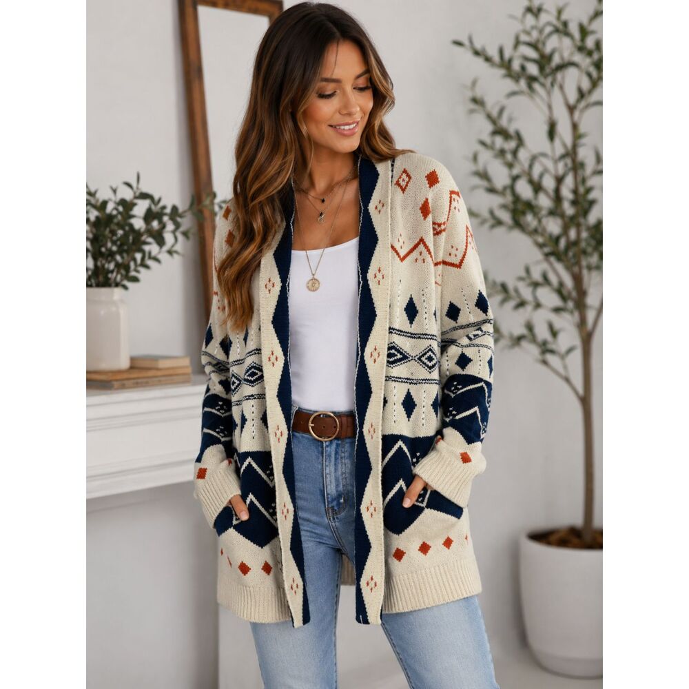 Paper Crane Southwestern Aztec Open Front‎ Cardigan Sweater M Boho Cream Navy N3